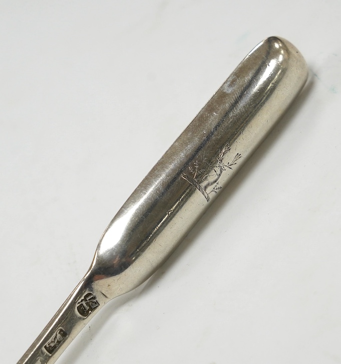 A George II silver marrow scoop, by Edward Jennings, London, 1730, 21.6cm, 50 grams. Condition - fair